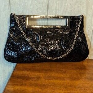 White House Black Market Black Patent Leather Purse Chain Handle EUC